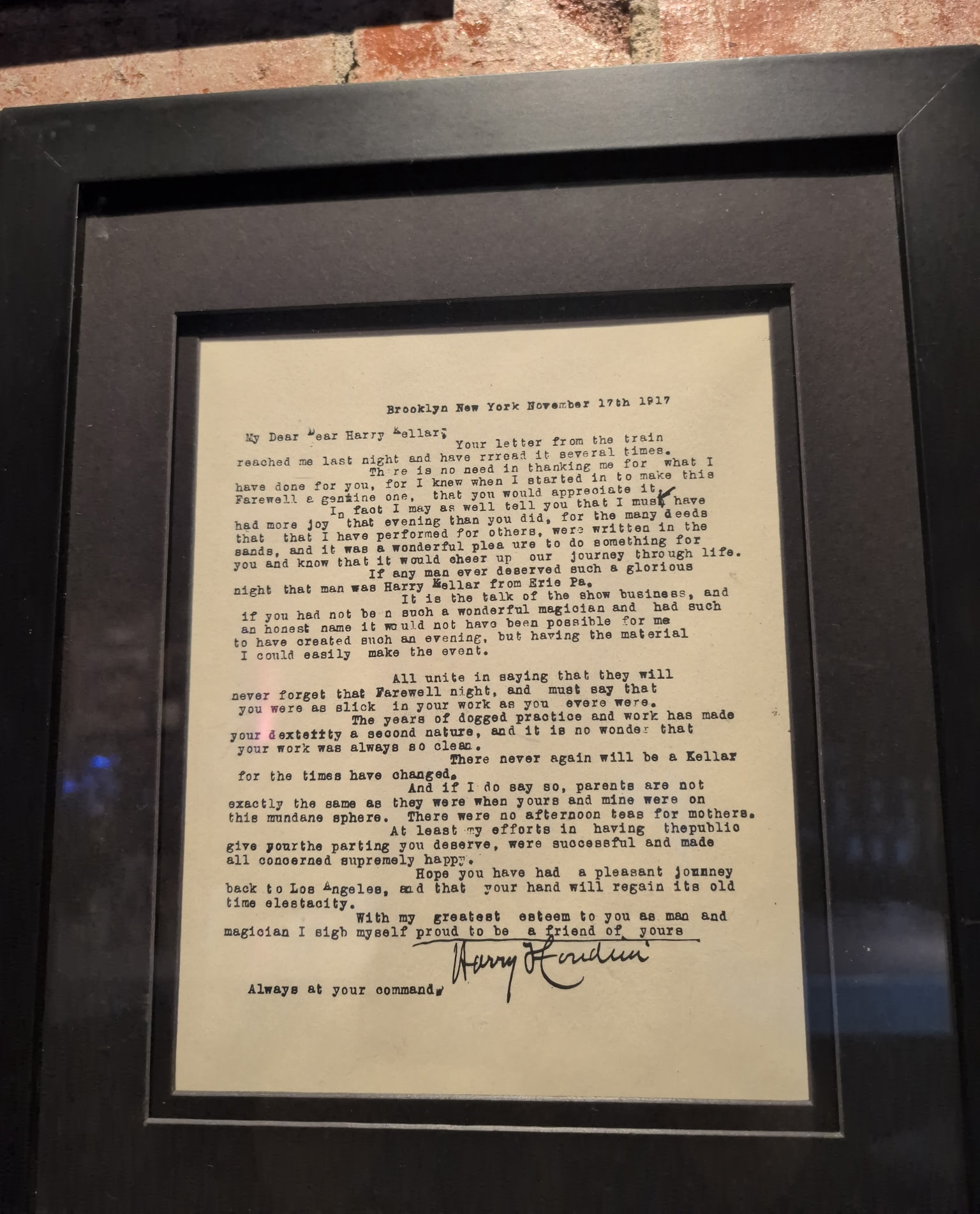 Letter from Houdini to Harry Kellar